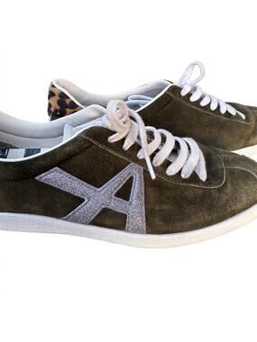 Aquazzura "The A" Suede Sneakers Olive Green Leopard Accent Women’s Size 38.5